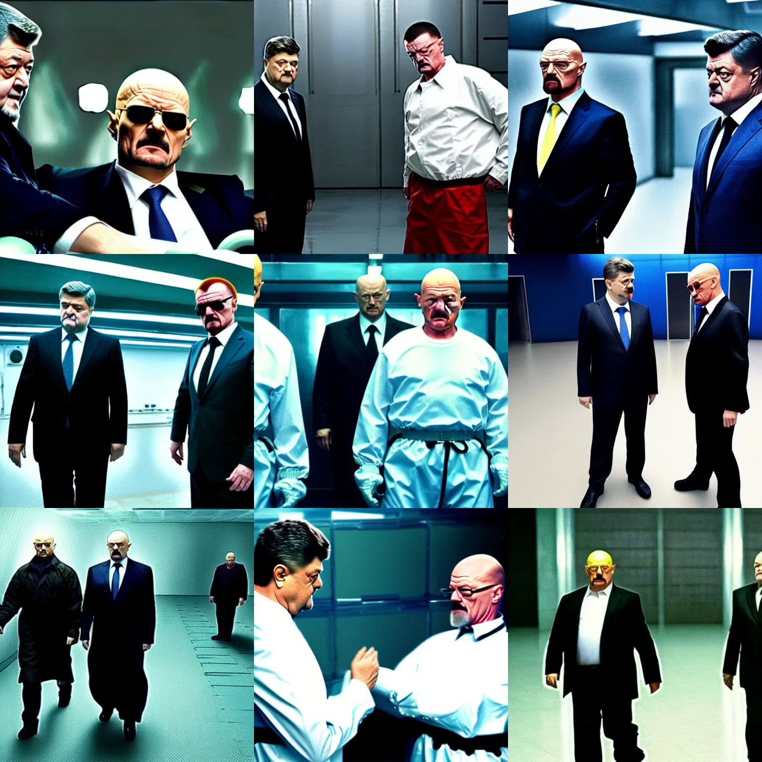 Prompt: poroshenko and walter white in matrix movie