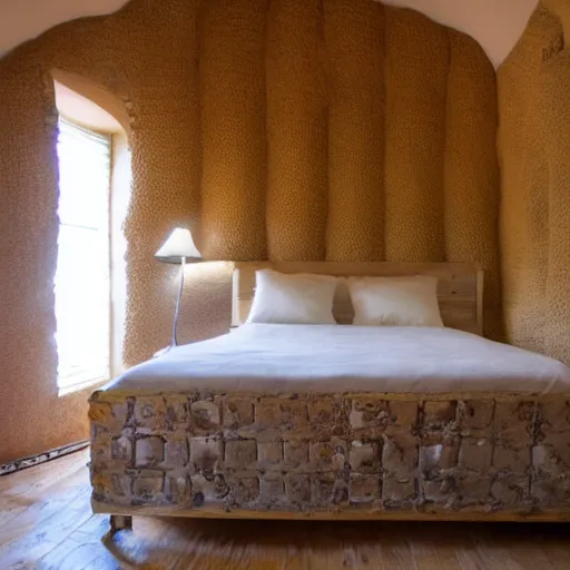 Prompt: bed inside a room, bee hive walls