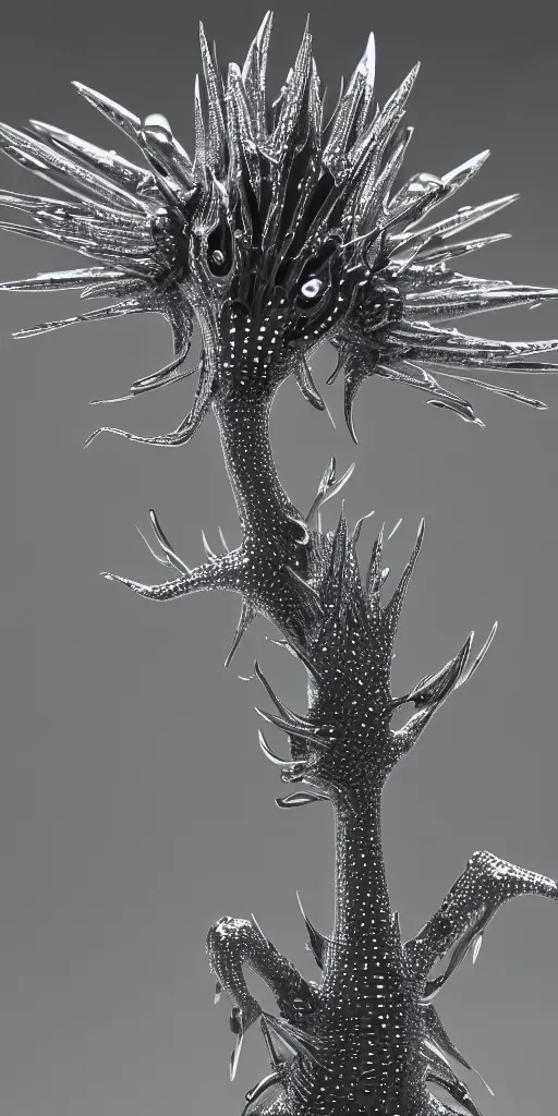Prompt: a photorealistic render of a metallic neotribal spiky glaucus atlanticus sculpture, greyscale, made of liquid metal, c 4 d, by zhelong xu and ernst haeckel, wide angle, hyper realistic, plain background, 8 k, volumetric lightning, octane render