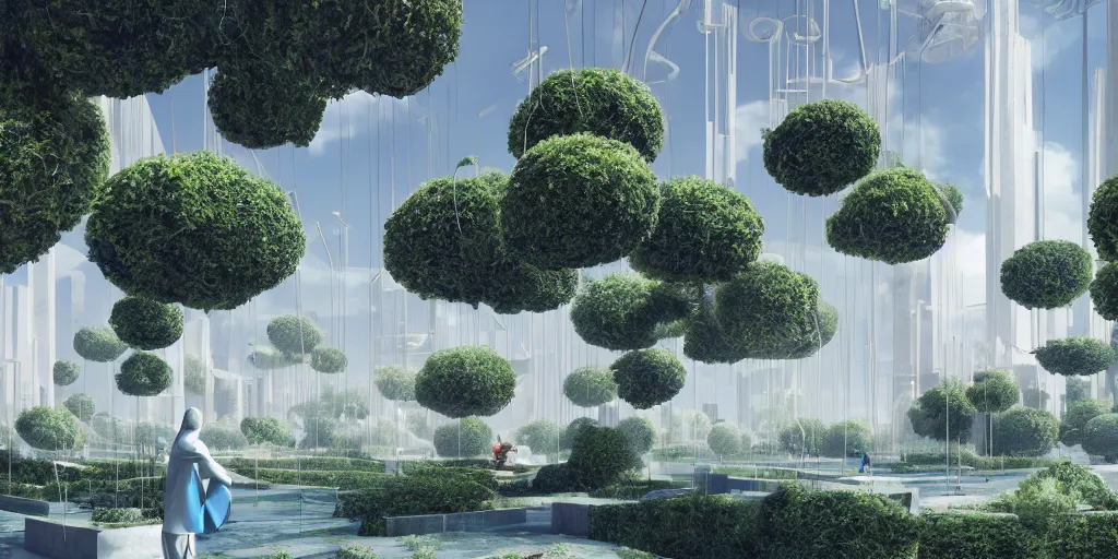 Prompt: geometric hanging garden based on the design of versailles in a megacity made of travertine brutalist temples, group of monks in blue robes wandering in the garden, large aluminum space elevators in the distance, sci-fi, blue sky with clouds, optimistic matte painting, concept art, style by syd mead, 8k, octane render