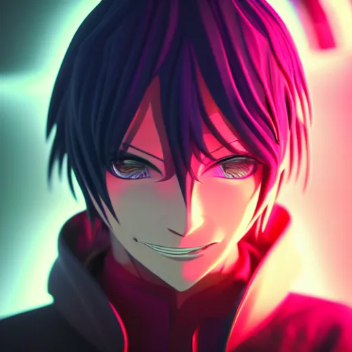 Prompt: Lelouch Lamperouge in a neon city, octane render 8k, atmospheric render, myserious man, professional render, volumetric light, artstation, redshift render, low angle camera, eccentric anime smile, Lelouch in a hood