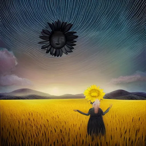 Prompt: giant black daisy flower as a face, girl walking in wheat field, hills, surreal photography, dark night, star trails, dramatic light, impressionist painting, clouds, digital painting, artstation, simon stalenhag