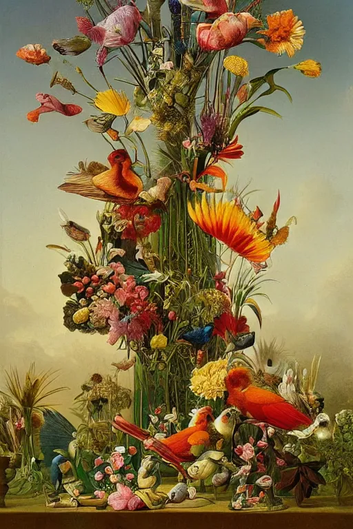 Image similar to painting of paradise birds flowers in a vase on a table, by rachel ruysch, ernst haeckel, audubon, dutch golden age, pop surrealism, biomorphic, made of birds and feathers