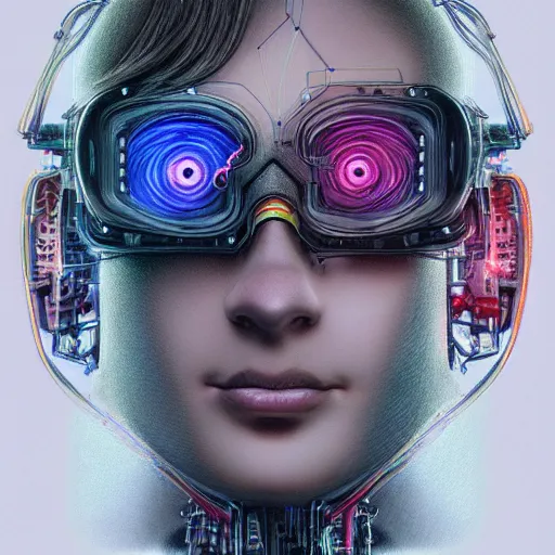 Image similar to a beautiful portrait of a young bionic male cyborg, cyberpunk, intricate wiring, electronic components, augmented vision, volumetric light, photography, color, intricate, extremely detailed, hyperrealistic, color pencil drawing, trending on artstation