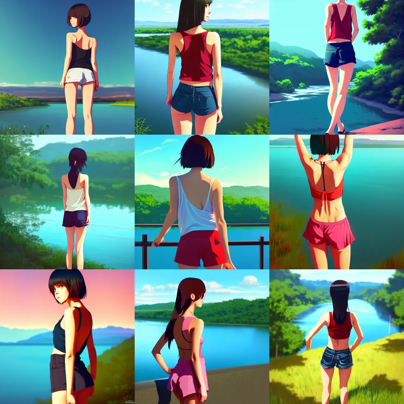 Prompt: girl wearing a low cut tanktop and shorts, hand on her hips, seen from the back, scenic view of river, in the style of ilya kuvshinov, 3 d, high definition anime art, gorgeous, sexy, curvacious