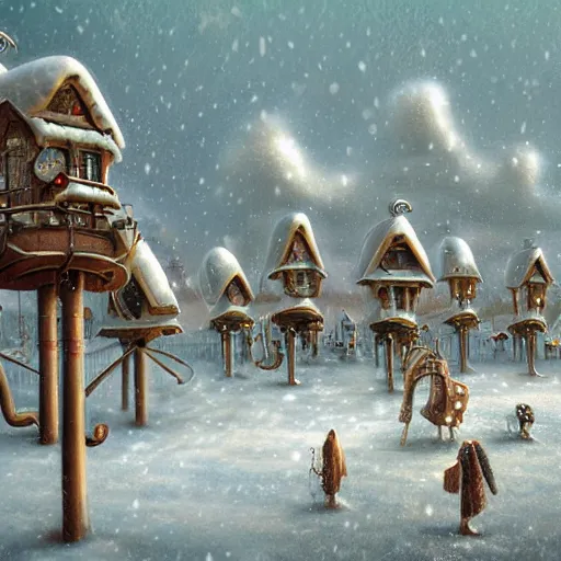 Prompt: a steampunk village on tall stilts in a snowy field, blizzard, by Naoto Hattori,