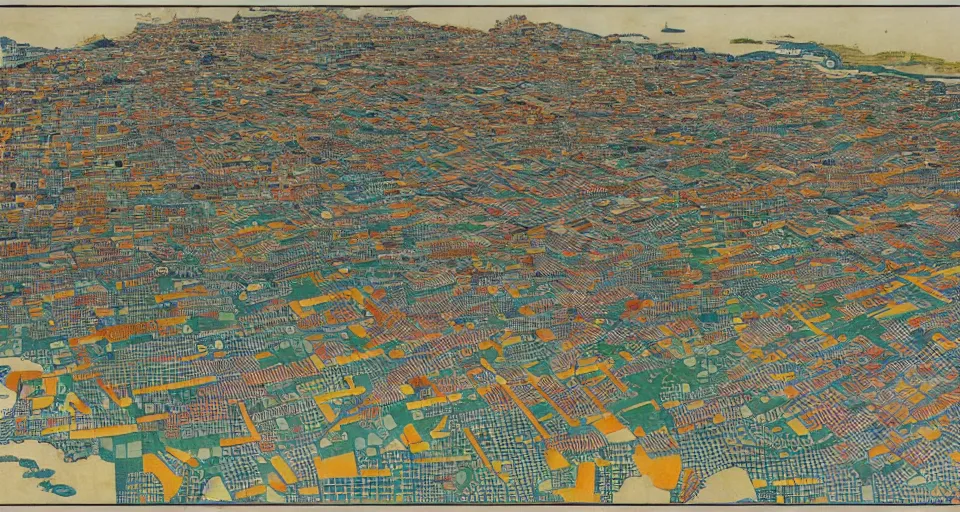 Image similar to 3 d isometric information map of a city island. time series charts, pie plots and other modern dashboards. diego rivera, egon schiele, ( ukiyo - e influence ). hyperdetailed.