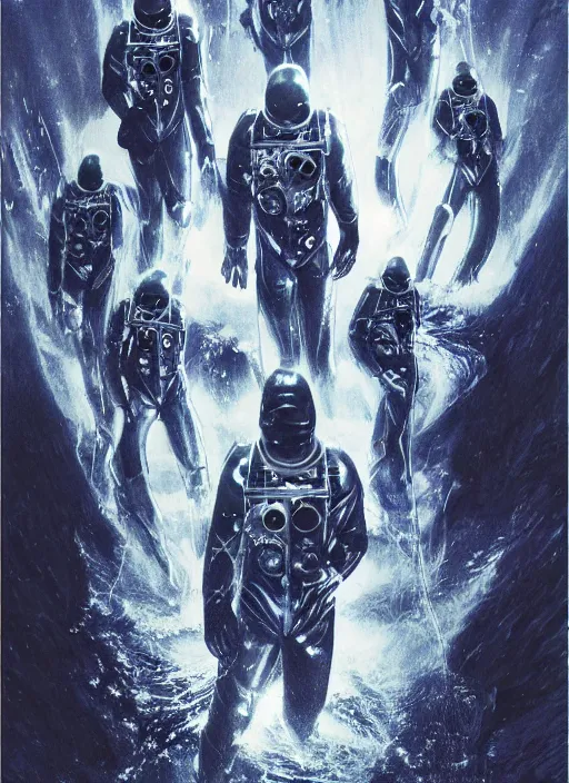 Prompt: astronauts divers in dark void underwater - complex and hyperdetailed technical suit design. reflection and dispersion materials. rays and dispersion of light. volumetric light. f / 3 2. noise film photo. flash photography. ultra realistic, 5 0 mm. poster by wayne barlowe, hajime sorayama aaron horkey, craig mullins