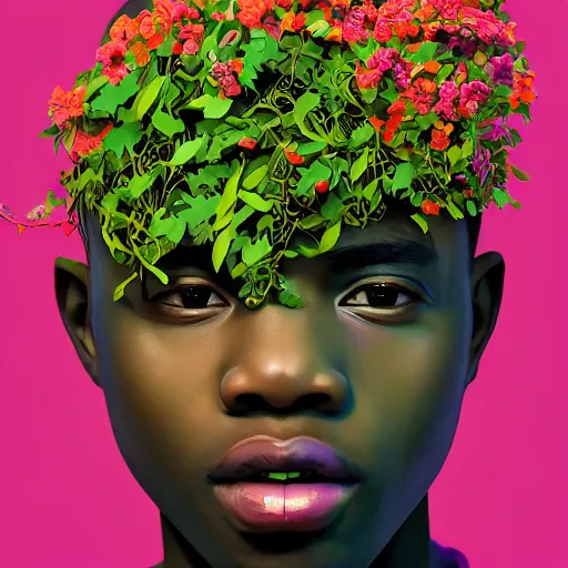 Image similar to colourful vfx art - portrait of nigerian boy wrapped in flowers & vines, art by hsiao - ron cheng & james jean, volumetric light, colourful, sharp, detailed, digital painting, illustration, illustration, highly detailed, intricate detail, unreal engine, octae render, pinterest, behance, art station,