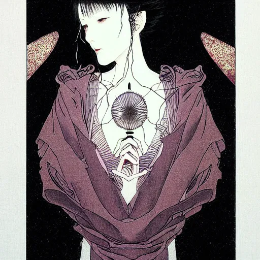 Prompt: prompt: Fragile looking soft light portrait face drawn by Takato Yamamoto and Katsuhiro Otomo, inspired by Ghost in Shell anime, magical and alchemical objects on the side, soft light, monochrome background, intricate detail, intricate ink painting detail, sharp high detail, manga and anime 2000