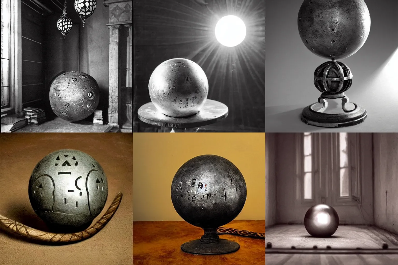 Prompt: an iron ball with weird symbols engraved on it, the ball is on a pedestal. the light enter the room by a hole in the ceiling. anne rice.