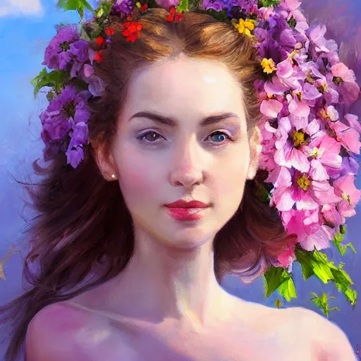 Image similar to a portrait of a romantic woman with flowers grow out of hair, roses peonies forget-me-nots dahlias lupins gladioli, sky theme in background, by Alexandr Averin, Digital Art, Trending on artstation