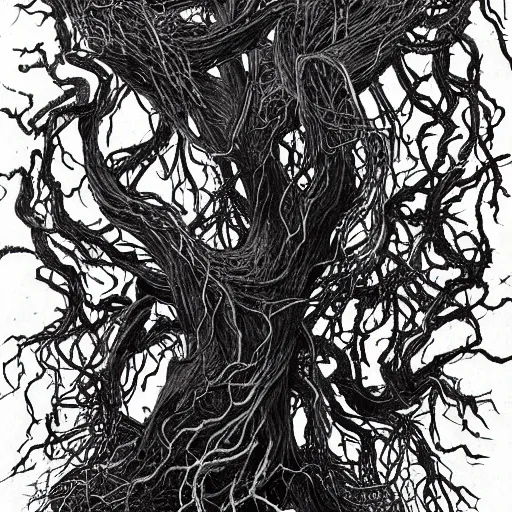 Prompt: ward - winning illustration of pitch black, tar - like, shadow roots with lots of tendrils spreading everywhere, intricate detail, deep black roots, infestation, shadowy, lovecraftian