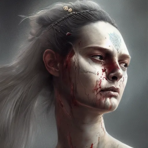 Prompt: portrait of a warrior woman, sad, cry, gloomy, blood, fire, intricate, elegant, highly detailed, digital painting, artstation, concept art, matte, sharp focus, illustration, octane render, unreal engine, art by aenaluck and roberto ferri and greg rutkowski, epic fantasy, digital painting