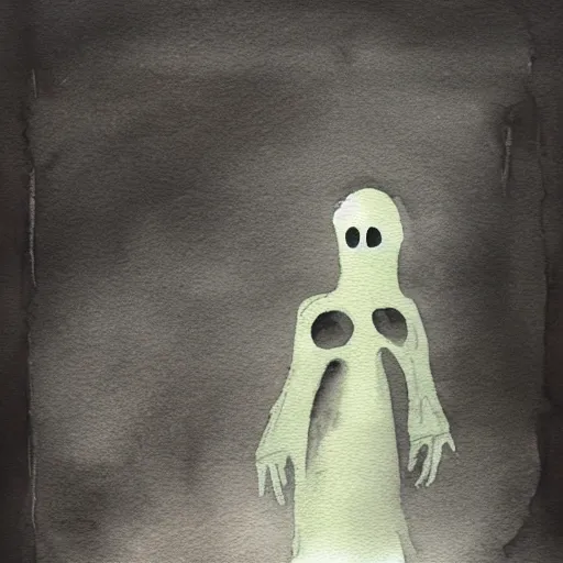 Image similar to A very spooky ghost haunting discord and tugging, watercolor, dark background, foreboding, ominous