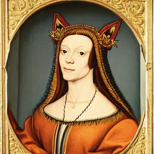 Prompt: a renaissance style portrait painting of a Cat, wearing a crown and cape, dark background