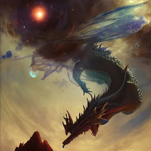 Prompt: Blue scaled dragon devouring an earth like planet in space, sun system, nebula in the background, oil painting, by Fernanda Suarez and Edgar Maxence and Greg Rutkowski