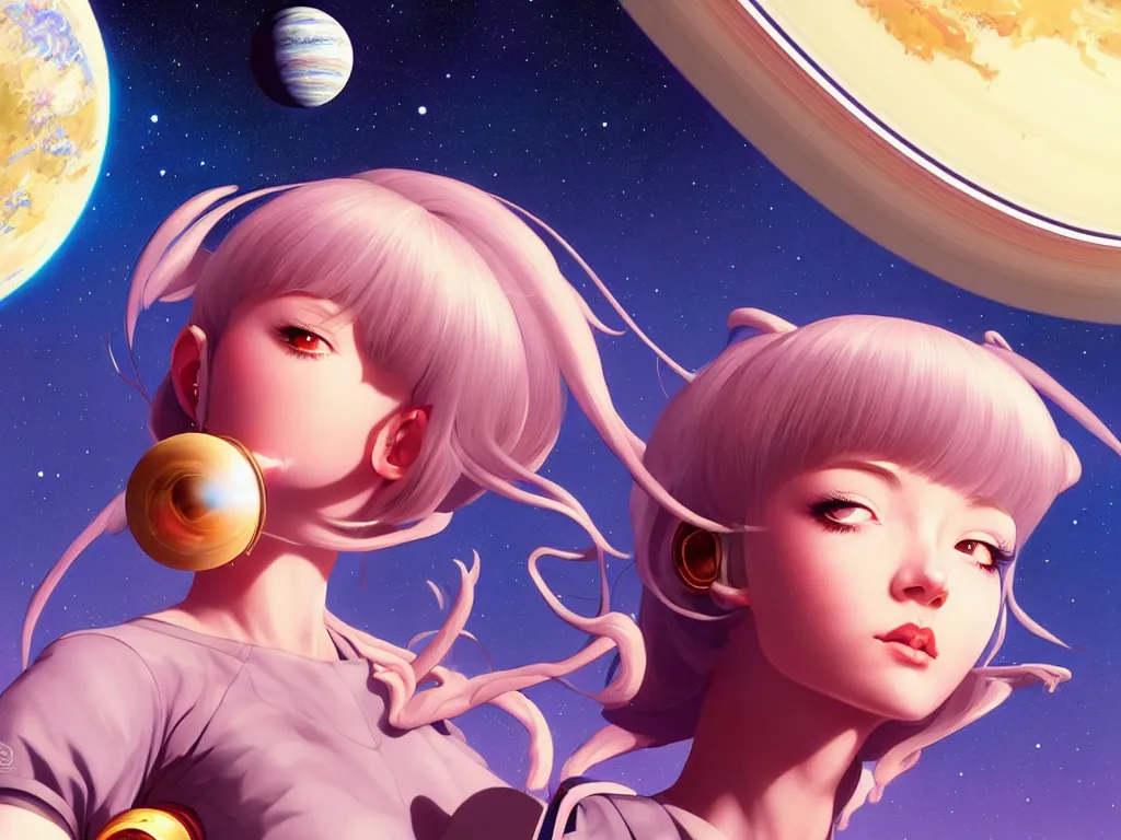 Image similar to lovely space girl flying to the saturn with her animal compaions, occlusion shadow, specular reflection, rim light, unreal engine, artgerm, artstation, art by hiroaki samura and ilya kuvshinov and ossdraws, high quality, intricate detailed 8 k, fantasy illustration, extremely beautiful and aesthetic shape of face and body, movie poster