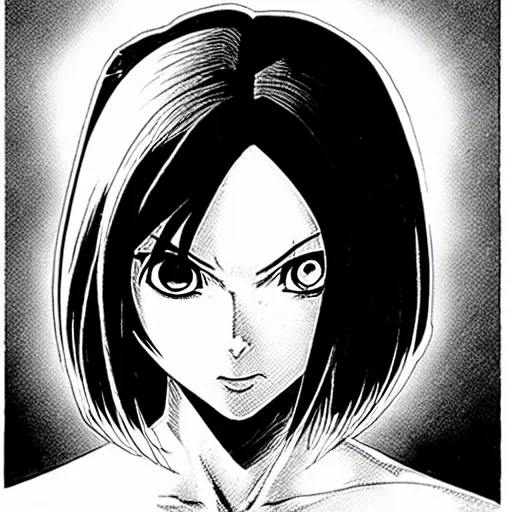 Image similar to alita by yukito kishiro. medium shot. black and white manga. pencil drawing.