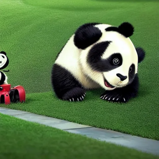 Image similar to a panda is mowing the lawn with a mowing machine, pixar