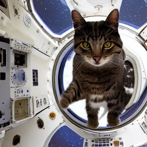 Image similar to Photo of a cat floating inside the ISS, realistic award-winning