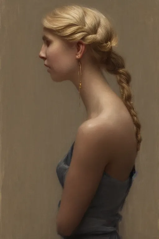 Prompt: profile of blonde girl looking down, braided hair, satin dress, round earrings, side view, before a stucco wall, soft light, jeremy lipking, serge marshennikov