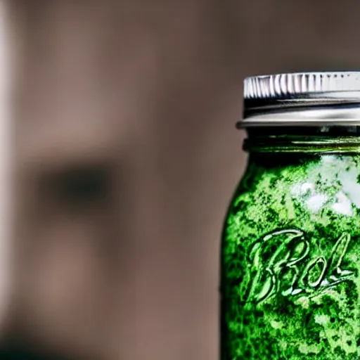 Image similar to close - up shot of a mason jar filled with cloudy green slime, macro lens, depth of field, bokeh