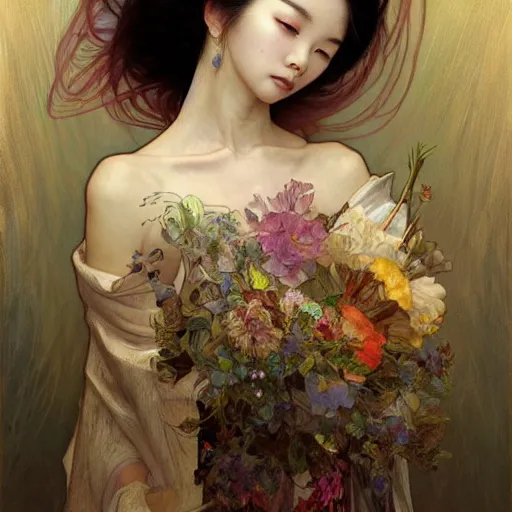 Image similar to A portrait of The bride in a Chinese wedding by Ross Tran!!! and alphonse mucha and greg rutkowski! and Gustave Doré!! and Zdzisław Beksiński!,In style of Impressionism.Symmetry.Highly detailed face.Fantasy,smooth,hyper detailed,sharp focus,Soft light.trending on artstation.oil on canvas