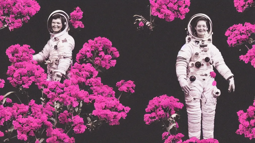Image similar to a vintage photograph of a female astronaut standing on a bed of black and pink flowers, photorealistic, + muted colors