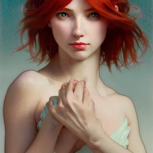 Prompt: portrait of a beautiful girl, red hair, headshot, hyper realistic, pale skin, 4k, rule of thirds, beautiful eyes, extreme detail, detailed drawing, trending artstation, hd, fantasy, D&D, realistic lighting, by Alphonse Mucha, Greg Rutkowski, sharp focus, backlit, elegant