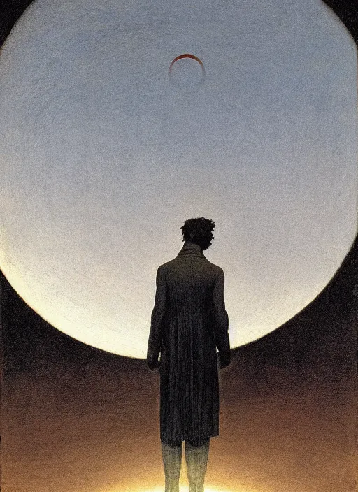 Prompt: a human silhouette observing an eclipse in the distance, painted by caspar david friedrich