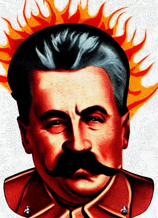 Prompt: stalin with a bottle of vodka, icon with a halo of fire, scary detailed art in color