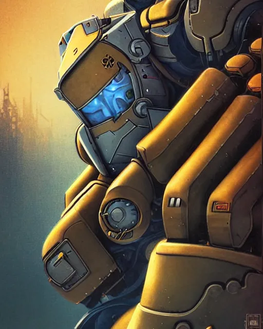 Image similar to reinhardt from overwatch, character portrait, portrait, close up, concept art, intricate details, highly detailed, vintage sci - fi poster, retro future, in the style of chris foss, rodger dean, moebius, michael whelan, and gustave dore