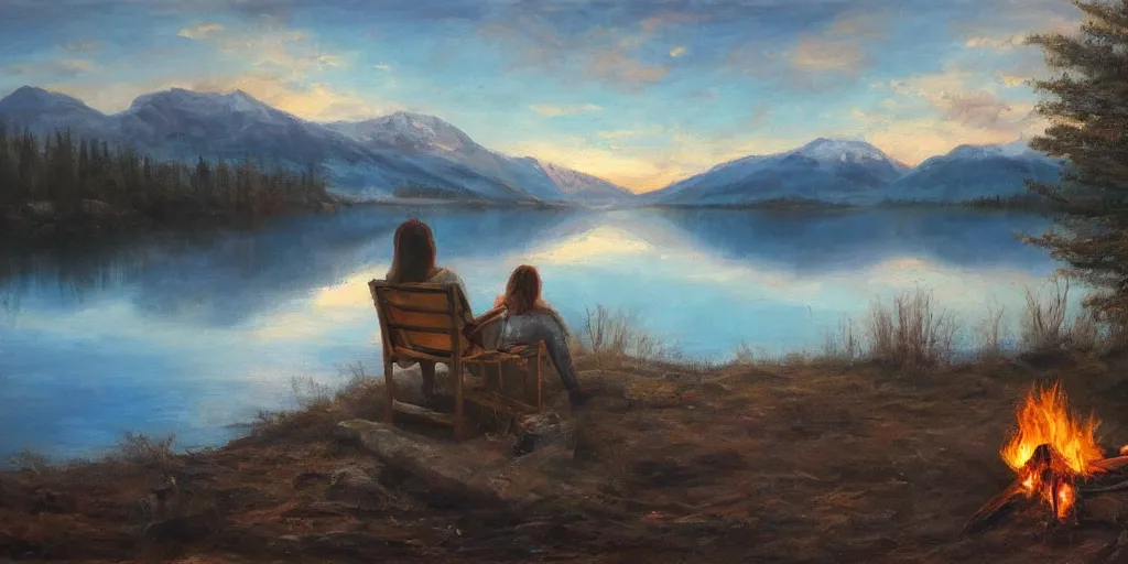 Prompt: a beautiful!!!!!!!! solitary campfire with a beautiful!!! lake in the background, no people, lonely landscape, oil painting, trending on artstation, highly detailed