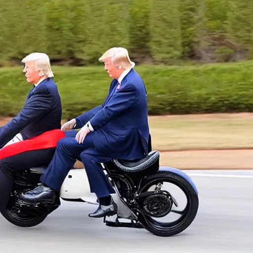 Prompt: joe biden and donald trump riding two seater on a motorcycle bike together, photorealistic, detailed