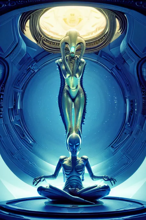 Image similar to cinematic masterpiece poster of glistening opalescent elegant queen empress xenomorph alien goddess meditating lotus position, inside ominous glowing alien temple shrine incubator. in the style of aliens, by denis villeneuve, weta workshop, james cameron, h. r. giger, beautiful octane render, extremely intricate, golden spiral composition, dramatic atmosphere, matte painting