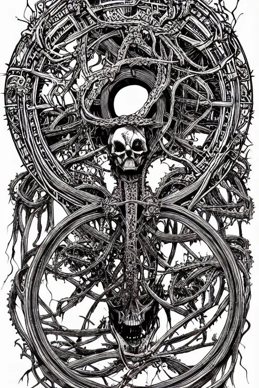 Image similar to illustration of a wooden wheel shaped demonic creature covered in bones and vines, intricate linework, in the style of moebius, ayami kojima, 1 9 9 0's anime, retro fantasy