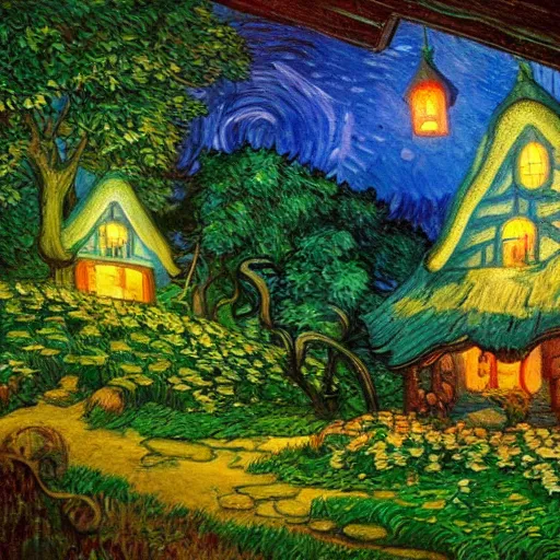 Prompt: mysterious detailed painting of a fairytale cottage in the woods at night, surrounded by giant glowing mushrooms, in the style of studio ghibli and moebius and claude monet and edward hopper and vincent van gogh