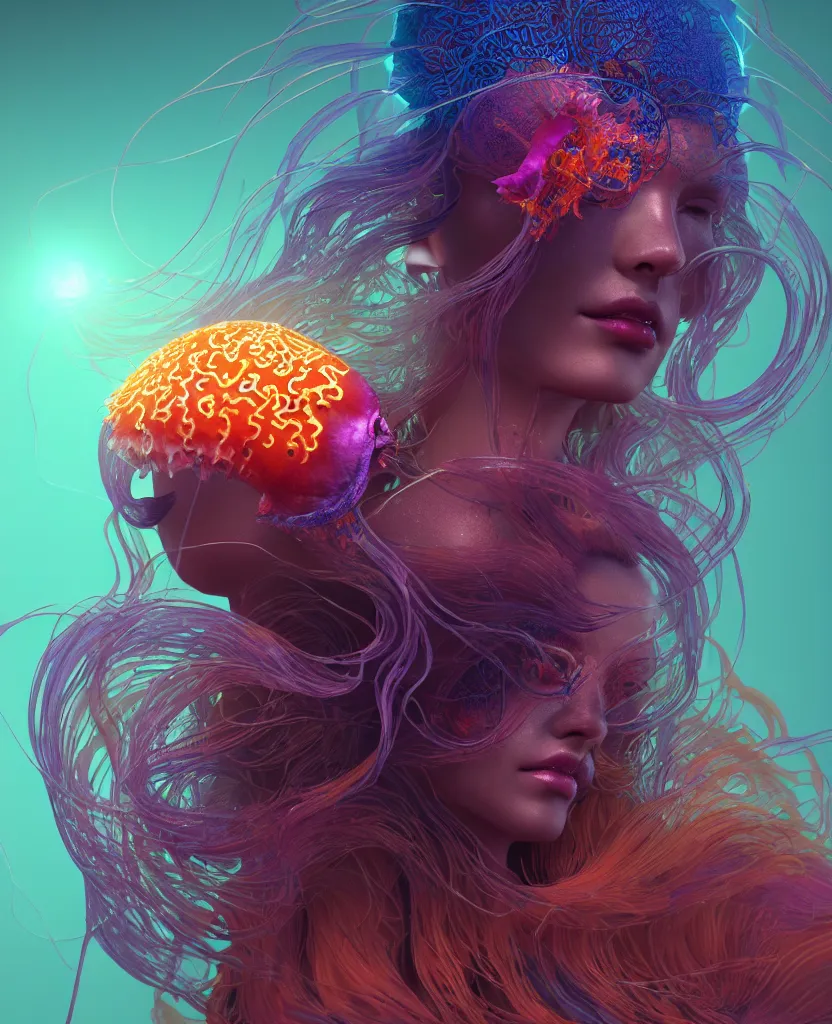 Image similar to goddess close-up portrait. orchid jellyfish phoenix head, nautilus, skull, betta fish, bioluminiscent creatures, intricate artwork by Tooth Wu and wlop and beeple. octane render, trending on artstation, greg rutkowski very coherent symmetrical artwork. cinematic, hyper realism, high detail, octane render, 8k