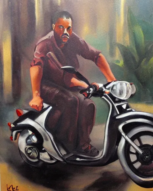 Image similar to kayne riding moped, aged oil painting by le pho