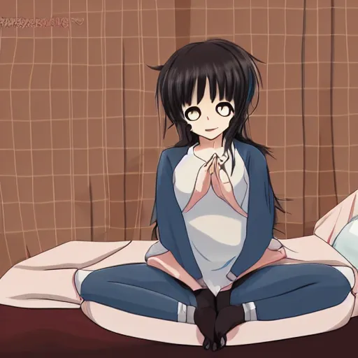 Image similar to adorable anime girl sitting up in bed waking up and stretching adorable cute