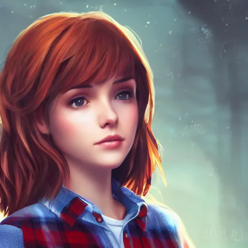 Image similar to max caulfield wearing a red plaid flannel shirt, fantasy, intricate, young and cute, highly detailed, digital painting, artstation, concept art, smooth, sharp focus, illustration, unreal engine, life is strange, Edouard Caplain