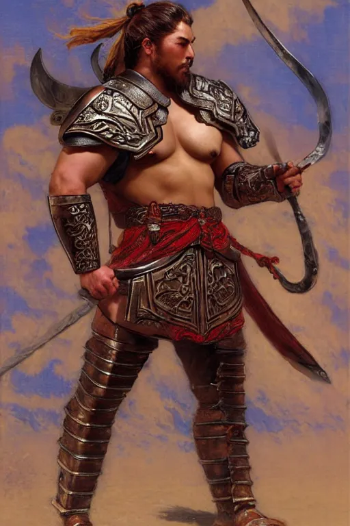 Image similar to attractive beefy male with armor, ancient china, three kingdoms, character design, painting by gaston bussiere, craig mullins, j. c. leyendecker, tom of finland