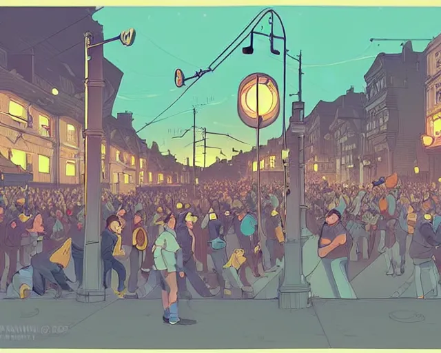 Image similar to a study of cell shaded cartoon of the concert of a music band playing music, street lamps, road, illustration, wide shot, subtle colors, post grunge, concept art by josan gonzales and wlop, by james jean, Victo ngai, David Rubín, Mike Mignola, Laurie Greasley, highly detailed, sharp focus, Trending on Artstation, HQ, deviantart, art by artgem