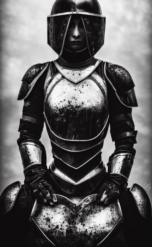 Prompt: symmetrical portrait photograph of a beautiful young woman wearing black armor, angry eyes, no helmet, cinematic, 200mm prime lens