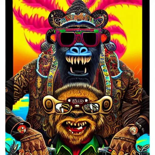 Prompt: barong family member with ray - ban sun glasses and headphones and expensive retro wrist watch and funny hat, wiwek, mara demon, one single tribe member, jungle, one single mask, dark, ancient warrior, gorilla, lizard, tribal, inner glow, art by dan mumford and justin gerard