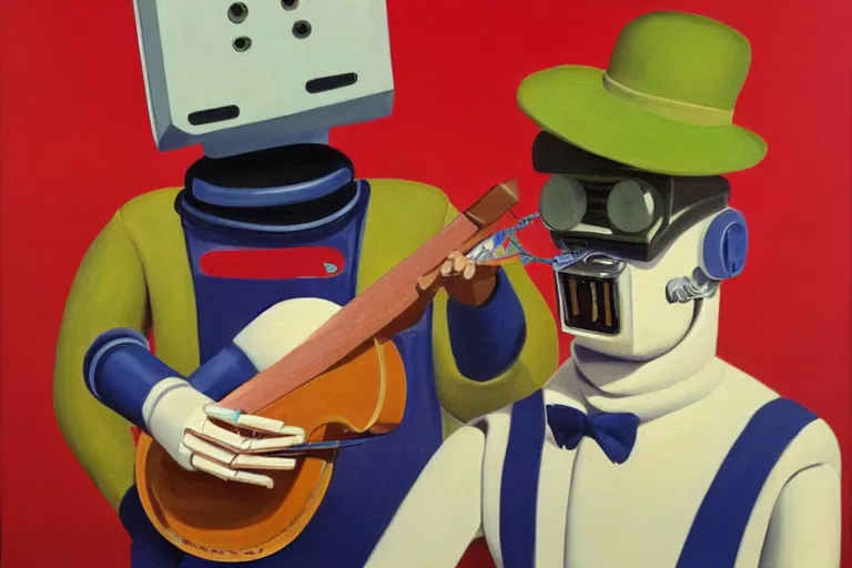 Prompt: painting of a country bumpkin robot playing a banjo, straw in his mouth, style of rene magritte, high detail, hyper realistic, 8 k