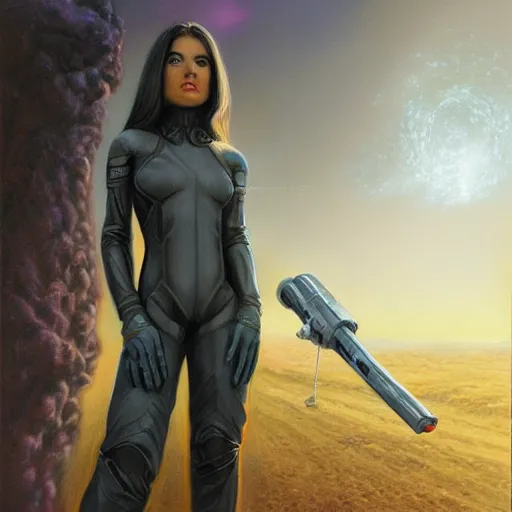 Image similar to pleiadian woman with big eyes and long silver hair wearing a dark body suit and wielding a plasma gun as a realistic sci fi character, portrait art by donato giancola and greg rutkowski, digital art, trending on artstation, standing in a barren field