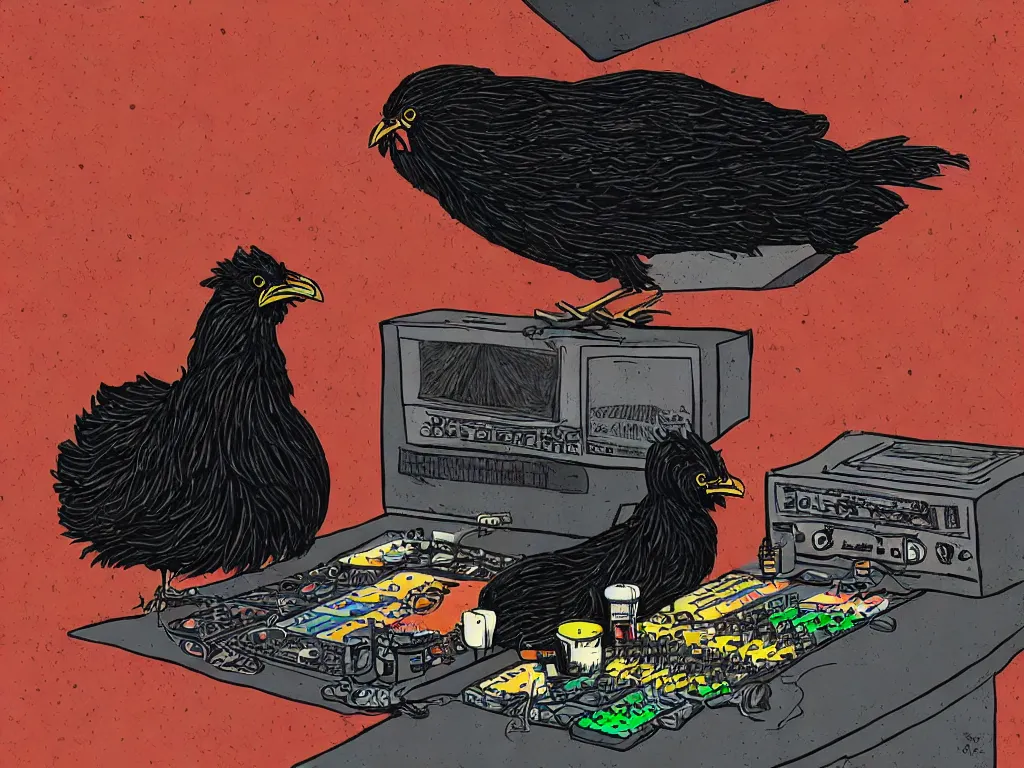 Prompt: 'black chicken'!!! smoking 'cannabis'!!!!!! in front of 'audio console'!!!! and 'multi monitors'!!!! 'in a hi-tech tv broadcasting studio'!!!!, artwork by James Gilleard