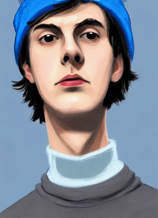 Image similar to portrait of teenage jughead jones wearing a light grey crown, crown, blue turtleneck, 1 9 5 0 s, closed eyes, photorealistic, black hair, glowing lighting, intricate, elegant, glowing lights, highly detailed, digital painting, artstation, concept art, smooth, sharp focus, illustration, art by wlop, mars ravelo and greg rutkowski